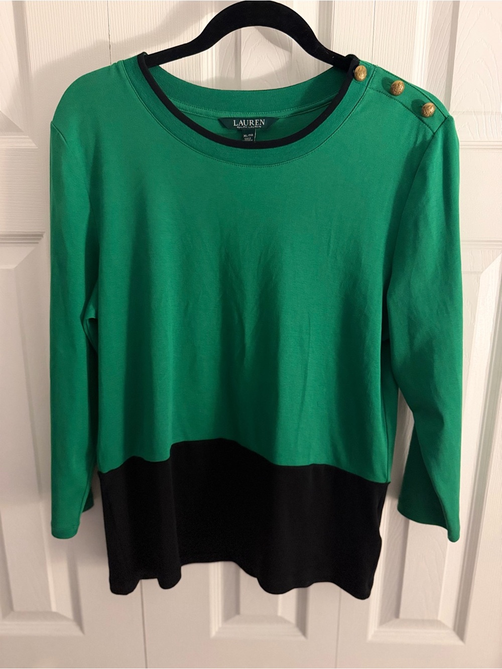Lauren Ralph Lauren color-block green/black gold buttons knit top XL